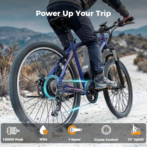 Image of Jasion EB5 Electric Bike for Adults 26 inch tire with 1000W Peak Motor | Removable Battery Commuting Electric Mountain Bike,Up to 40Miles,7-Speed and Front Fork Suspension Ebike