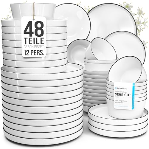 Porzellan Geschirrset 12 Pers. Scandi 48-tlg Hochwertiges...