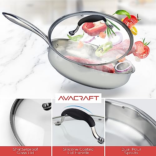 image for AVACRAFT 18/10 10 Inch Stainless Steel Frying Pan with Lid, Side Spout