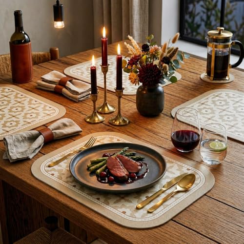 Image of Yelona Beige Faux Leather Dining Table Placemats - Set of 2 | Heat & Stain Resistant PU Table Mats | Easy to Clean & Durable | Perfect for Office, Conference Tables & Home Decor (Lotus Casa)
