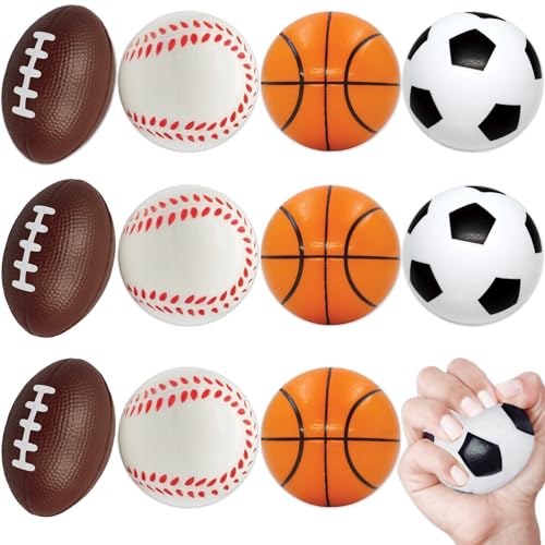 Mini Sports Balls for Kids Party Favor Toy, Soccer Ball, Basketball, Football, Baseball (12 Pack) Squeeze Foam for Stress, Anxiety Relief, Relaxation. (12 Pack (Mix Sports))