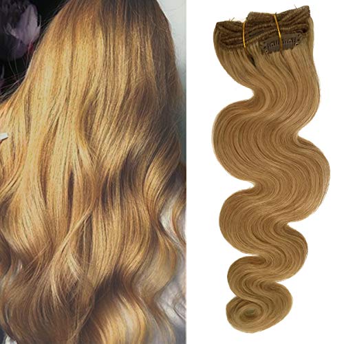 Thick Double Weft Curly Clip in Remy Human Hair Extensions Strawberry Blonde #27 18inch Long Soft Body Wave Hair Pieces for Women 70 Grams