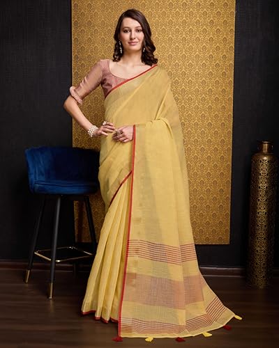Image of SWORNOF Women's Linen Cotton Silk Saree with Unstitched Blouse Piece | Saree for Women | Saree with Blouse Piece | Soft and Skin Friendly