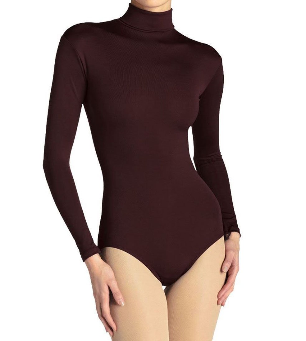 elegance1234 Ladies Women's Turtleneck Long Sleeve Cotton Leotard/Bodysuits (Small, Brown)