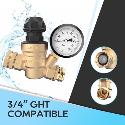 RVGUARD RV Water Pressure Regulator Valve With An Adjustable Knob, NO Tool Required, Brass Lead-Free Water Pressure Reducer with Gauge and Inlet Screen Filter for RV Camper Travel Trailer - Thumbnail 6