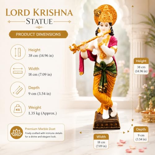 Image of ARMONIA Lord Krishna Idol Marble Dust Statue Murti | Krishana Sculpture for Home Decor, Pooja, Mandir & Gifting Item |Best Gift for Housewarming (14.9 Inches, Multicolor) (Including Microfiber Cloth)
