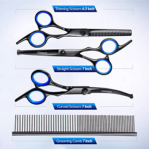 Image of Gimars Dog Grooming Scissors Kit Professional 4CR with Safety Round Tip, 5 in 1 Heavy Duty Titanium Coated Thinning & Curved & Straight Shears