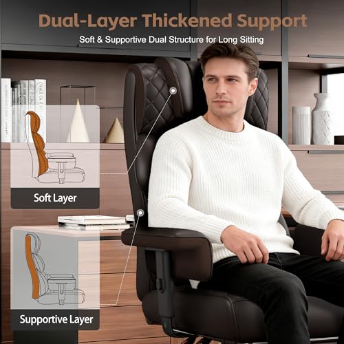 Image of Vonesse Big and Tall Office Chair, Desk Chair with Soft Adjustable Armrests, Ergonomic High Back Gaming Chair with Lumbar Support, Executive Computer Chairs with Footrest (PU Leather, Brown)