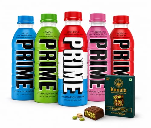 Image of Prime Hydration Drink Variety Pack, Ice Pop, Blue Raspberry, Lemon Lime and Tropical Punch,Strawberry Flavours, 500ml Each, 5 Bottles With Free Flavourito Kunafa Chocolate 20g By Decadent Foods
