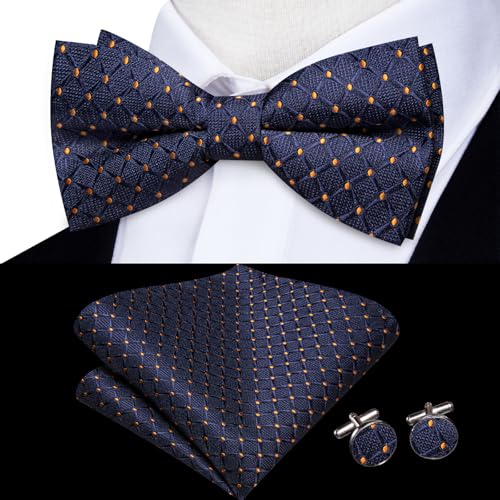 Image of Hi-Tie Bow Tie Men Pre Tied Bowtie Pocket Square Cufflinks Lapel Pin Formal Wedding Bow Ties for Men Party Tuxedo Bowtie Set,Blue Gold Plaid