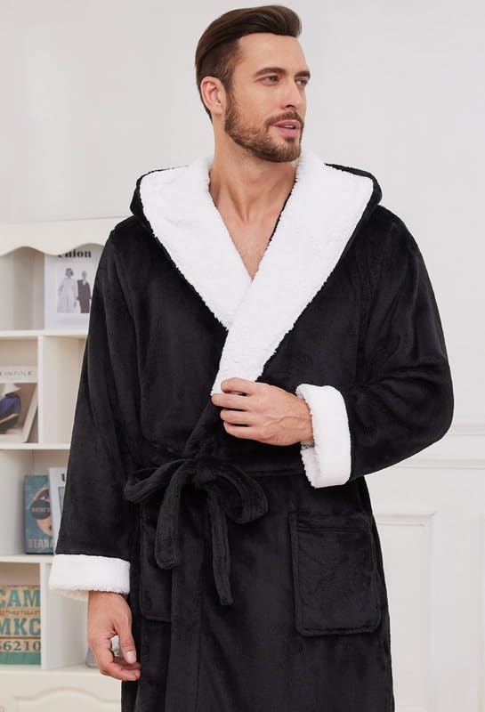 Vulcanodon Mens Ultra Soft Plush Bathrobe with Hood, Warm Fleece Robe with Pockets Spa Robes for Men Cozy Fluffy Fuzzy - Image 5