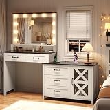 BTHFST Makeup Vanity Desk with Large Mirror and Lights, Glass Top Vanity Table with Charging Station, Farmhouse Makeup Desk with Drawers & Dresser, Antique White