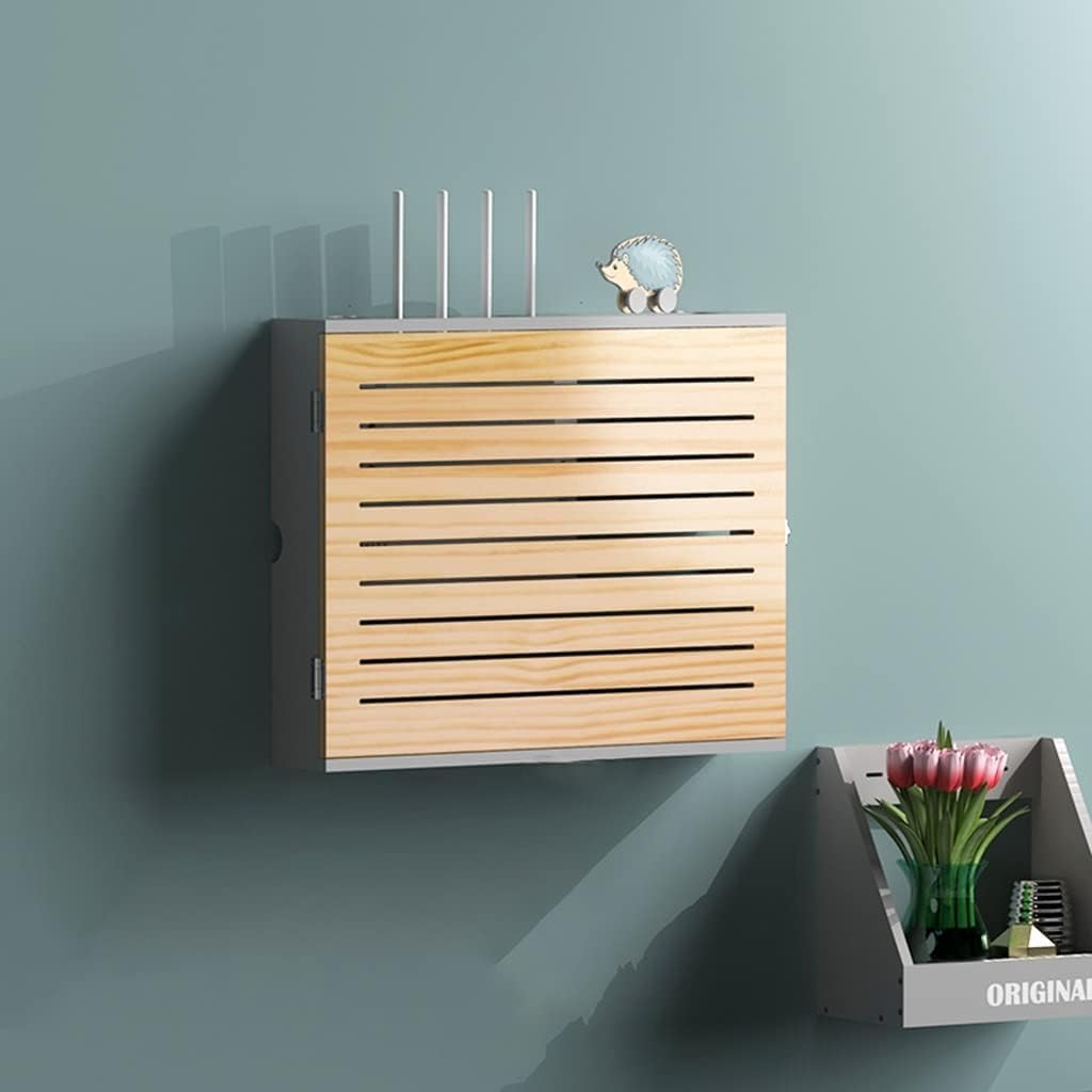 Floating Shelves Solid Wooden Network Set Top Box WiFi Router Shelf Wall Mounted Set Top Box Bracket Cover Box Multi Function Storage Rack (Color : Wooden Color(b) Size : 52.5x42.5x10cm) (Wooden Colo image 2