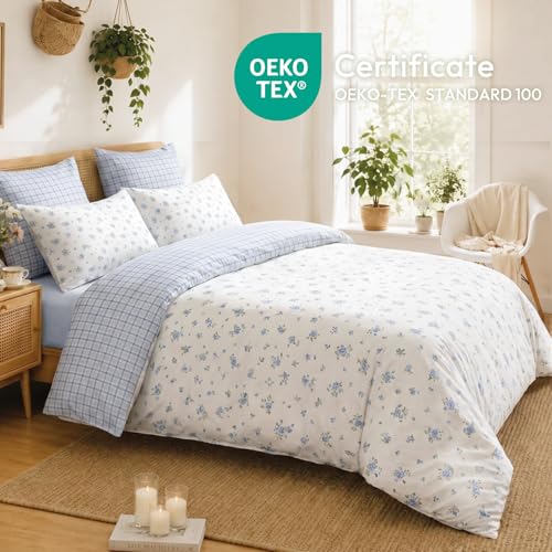 Freyamy Bettwäsche 155x220cm 2teilig Weiß Hellblau Blumen Bettwäsche-Set – Ansicht 3