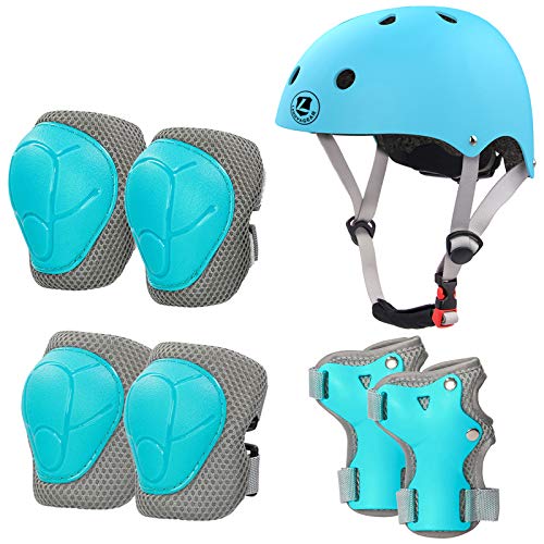 LANOVAGEAR Casco Infantil Set de Protección Casco Ajustable Rodilleras, Coderas y Muñequeras para Patinar Ciclismo Monopatín y Deportes Extremos (Azul Hielo, S)