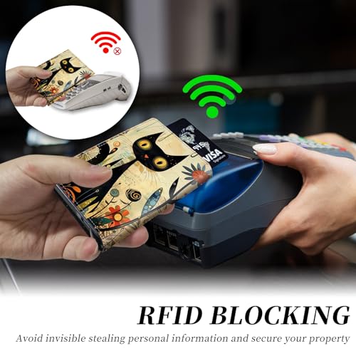 Credit Card Holder Aluminum Auto Pop Up Wallet, Slim Minimalist Credit Card Holder For Men and Women, Leather Card Case Front Pocket Trifold Wallet RFID Blocking Wallets,Black Cat and Floral3