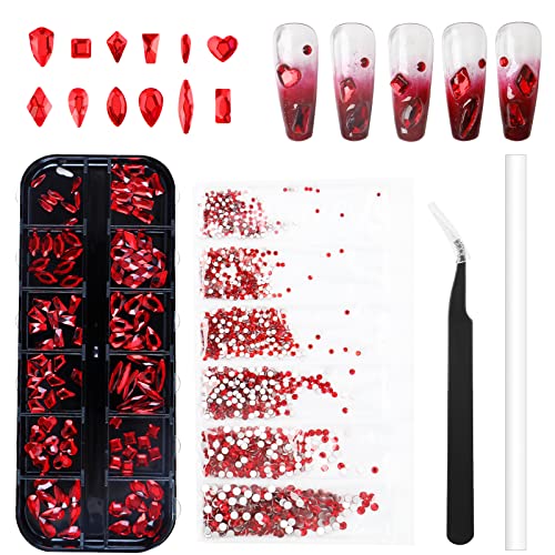 BQAN 120 PCS Multi Shapes Rhinestones for Nails + 1728 PCS Nail Flatback Rhinestones Set, Crystal AB Rhinestones Gems Nail Crystals with Picker, Tweezers, for Nail Art Crafts (Red)