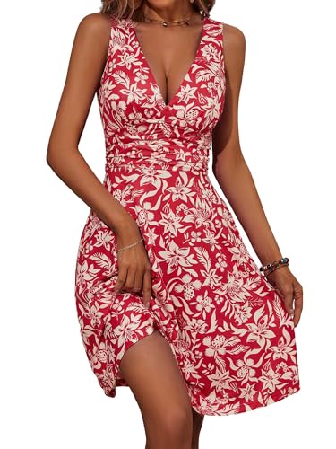 OURIN Sundresses Summer Dresses for Women Vacation Milkmaid Corset Cute Floral Flowy Tropical Hawaiian Dress(Red,X-Large)
