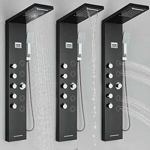 Panel de ducha de torre con sistema mezclador, chorro lluvia y masaje, fabricado en acero inoxidable y latón miniatura 4