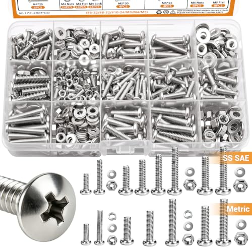 mankk 408PCS Machine Screws,304 Stainless Steel Nuts and Bolts Assortment Kit (# 6-32/# 8-32/#10-24 &amp; M3/M4/M5) SAE &amp; Metric Phillips Pan Head Screws Cross Slotted Round Head Bolts