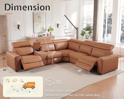 Image of AMERLIFE Power Recliner Sectional Sofa with Storage /USB Port, Leather Recliner Sofa with Adjustable Headrest, Reclining Sectional Couches with Console and Cup Holder for Living Room (Brown, 5-Seater)