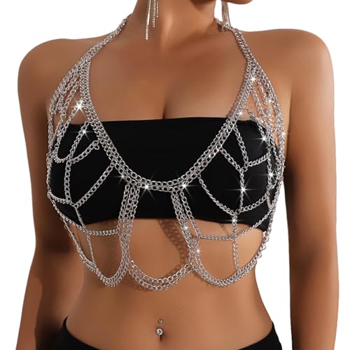 JUYAXIN Catena per il corpo da donna a strati con catena in metallo crop top festival allacciatura al collo canotta senza schienale bralette coverup per festival musicali, Lega