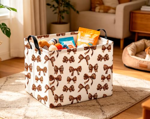 Image of CLOCOR Rectangular Storage Basket,Waterproof Books Box with Handles,Gift Basket(Leopard Print Bow)