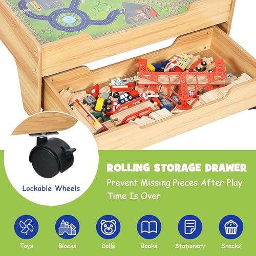Image of Costzon Wooden Train Table with 100 Multicolor Pieces | Kids Activity Table w / Large Rolling Storage Drawer, Tracks, Cars, DIY Design, Train Set Table for Boys Girls Toddlers 3+