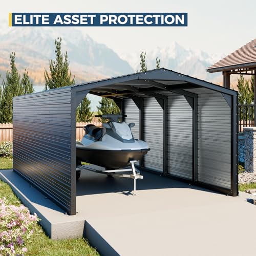 Image of Military-Grade Metal Carport 12x20 FT, Heavy Duty Garage 2-Sided Enclosure | 2x2 inch Steel Poles with Powder Coating, 17-Gauge Walls,100 PSF Snow Load Roof, Hurricane Resistant, Pickup, Truck, Black
