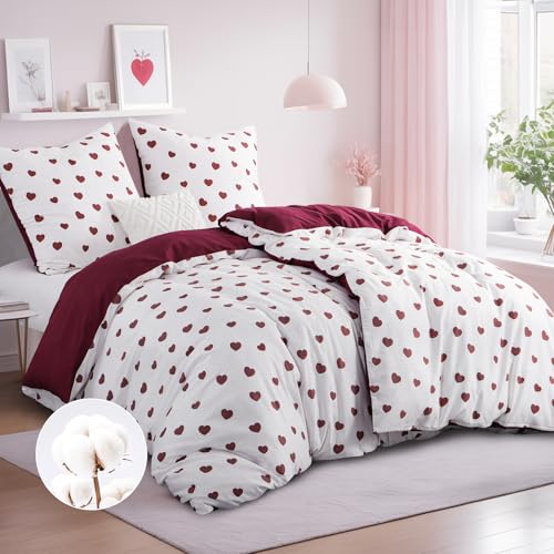 RUIKASI Bettwäsche 135x200 Baumwolle 4teilig Rot - Baumwollbettwäsche 135 x 200 4tlg mit Herzen Muster, Bettbezug Set 4 teilig Cotton mit...