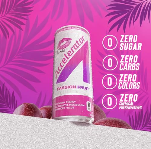 Image of Accelerator Active Energy Drink, Passion Fruit 12oz can (12 pack) | Zero Sugar, Sustained Energy from 100% Natural Caffeine (200mg from Green Coffee Bean & Green Tea extract)