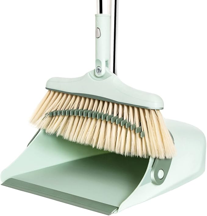 Broom and Dustpan Set for Home, Long Handle Dust Pan and Broom Combo for Indoor Outdoor Heavy Duty Broom Dustpan Set for Kitchen Lobby Office Upright Standing Dustpan with Teeth (Green)