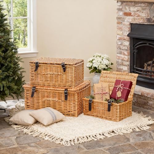 Natural Dyed Wicker Hampers with Lid Perfect for Gift Hampers Shelf Basket Wardrobe Organizor Underbed Storage Retail Display Basket (Honey, Large)