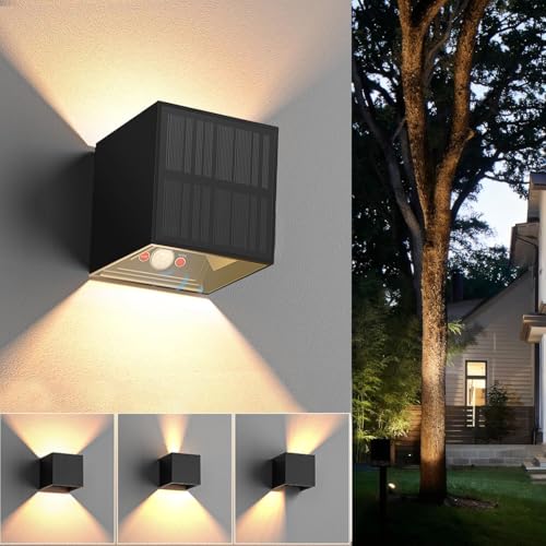 HaoDrisk Lámparas Solares para Exterior, Aplique Solar para con Sensor de Movimiento, Aplique Solar de Pared Exterior 3 Modos 3000K IP65 Impermeable para Jardín, Patio, Escalera, Vallas