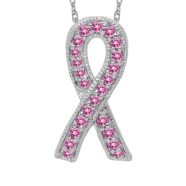 IceCarats 14K Solid White Gold Pink Sapphire Breast Cancer Awareness Ribbon Necklace Gemstone Pendant Charm - Main Image