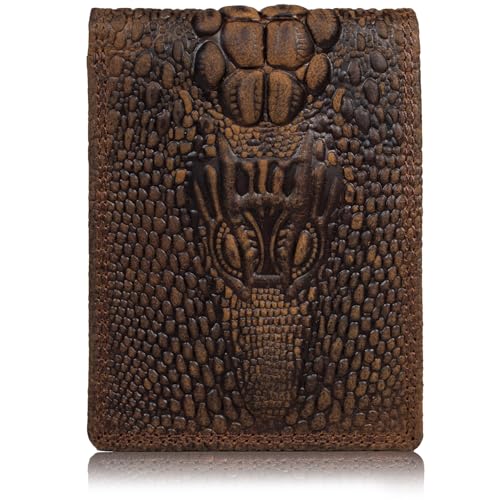 Image of Men's Top Grain Leather Wallet with Crocodile 3D Print | 8 Card Slots Bifold Wallet | RFID Protected (Brown)