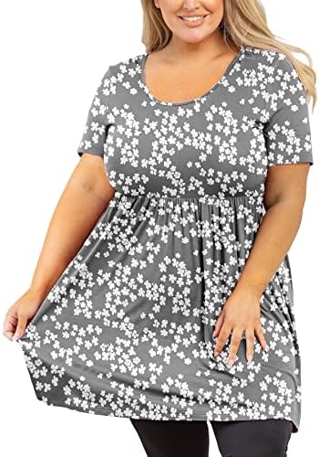 Auslook Plus Size Womens Summer Tops Grey Sakura 4X Tunic Short Sleeve Blouses Scoop Neck Clothing Pleated Tee Ladies Clothes Flowy Dressy Casual Dress Loose Fit Outfits Maternity Babydoll T Shirts Wear With Leggings
