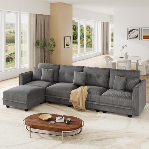 Image of LLappuil 112 inch Modular Sectional Sofa with Storage, L-Shaped 5-Seat Corduroy Couch with 4 Throw Pillows, Pet-Friendly Convertible Sofa for Small Living Room & Apartment, Skin-Friendly, Grey