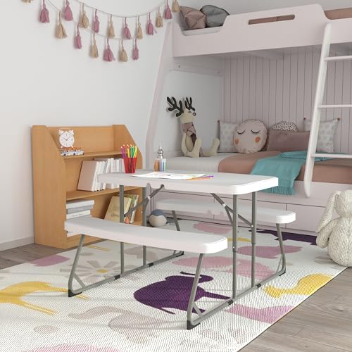 EMMA + OLIVER White Kid’s Folding Picnic Table with Benches