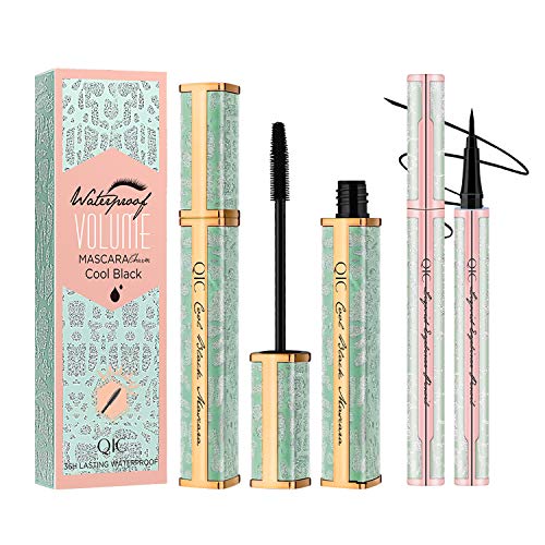 Upgraded 4D Silk Fiber Waterproof Black Mascara with Eyeliner Liquid Pen Set,Liquid Mascara Liquid Long Lasting for Hypoallergenic Sensitive Eyes
