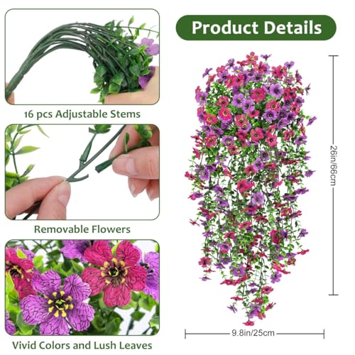 Image of Bassion Artificial Mums for Outdoor, 2 Pcs Fake Fall Hanging Flowers (Rose Red Purple) | Realistic fake silk flowers, UV resistant, faux plants, for outside home patio garden balcony yard front door porch decor