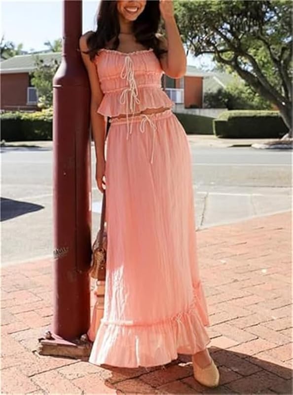 Women Y2k 2 Piece Outfits Patchwork Front Tie-Up Camisoles and Ruched Ruffle Maxi Skirt Matching Set Beachwear3
