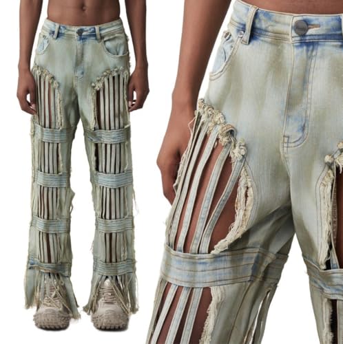 Men's Mid-Thigh Fit Denim Pants, Stacked Tie-dye Pants, Retro Party Men's and Women's Jeans2