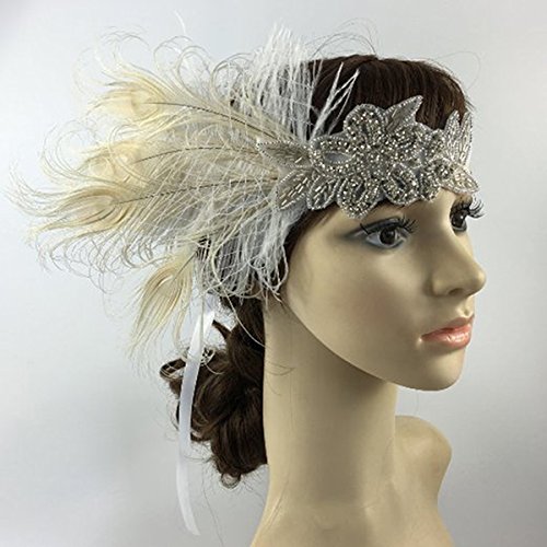  OULII Tocados novia pluma venda sombreros disfraces tocado estilo indio pelo banda accesorios disfraces fiesta vestir accesorios de la boda, regalo de Navidad (blanco) 