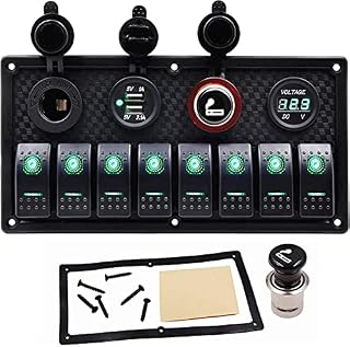 CT-CARID 8 Gang LED Toggle Rocker Switch Panel,12V/24V Digital Voltage Display Dual USB Charger Port Waterproof for RV,Boats,Cars(Green)