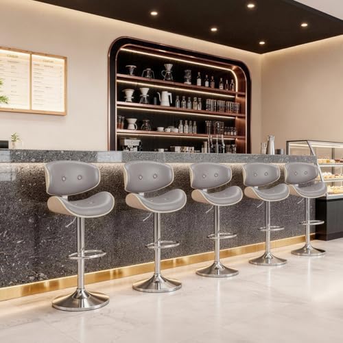 Image of Adjustable Swivel Bar Stools Chair,Counter Height Bar Stools with Back,350 LBS PU Leather Bar Stool for Kitchen Island,Upholstered Pub Stools with Footrest (Grey, Set of 5)