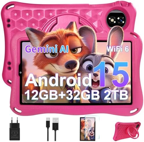 Tablette Enfant 9 Pouces Android 15 – 12 Go RAM + 32 Go ROM (1 To Extensible), Octa-Core, 5G WiFi 6, Batterie 5000 MAh, Contrôle Parental, Coque EVA (Violet)