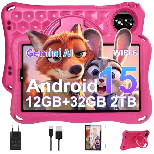 Kinder Tablet 9 Zoll Android 15 Gemini AI, 12GB RAM + 32GB ROM (TF 1TB), Octa-Core, 2.0GHz,GMS Certified, 5G WiFi 6, Widevine L1, 5000mAh, BT5.0, 8+5MP, Kindersicherung Tablet mit EVA Case-Rosa