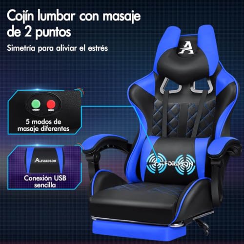 ALFORDSON Silla Gaming con Masaje, reposapiés y Soporte Lumbar, reclinable 150°, Respaldo Alto para Gaming y Oficina, Capacidad de 180 kg, Cuero sintético, Azul - imagen 4