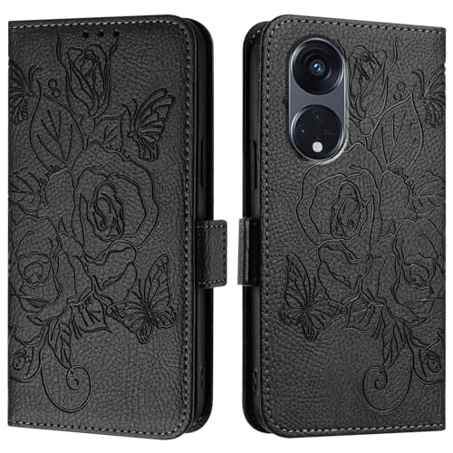 Étui Oppo A1 Pro 5G et Reno 8T 5G, housse portefeuille en cuir PU noir avec dragonne